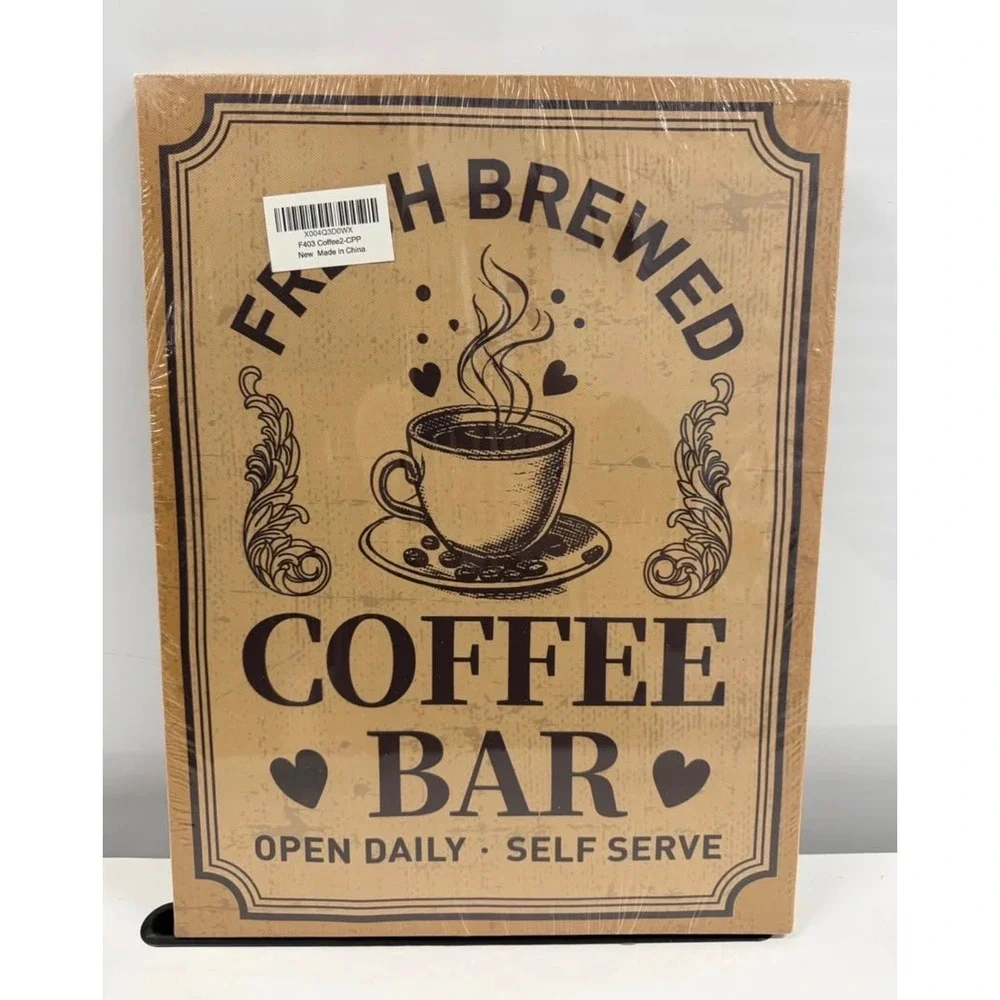 Fresh Brewed Coffee Bar Canvas Wall Art Vintage Style Kitchen Sign 12x16